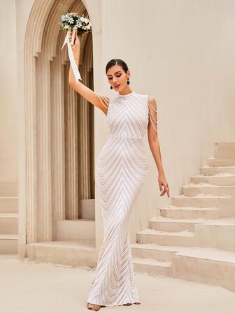 Contrast Sequin Beaded Detail Mermaid Hem Formal Dress White Elegant Prom Evening Wedding Guest Gown, For Graduation, Dinner Party Dress