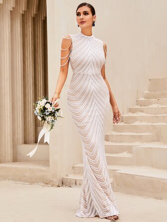 对比亮片串珠细节美人鱼下摆礼服白色优雅舞会晚会婚礼宾客礼服，适合毕业典礼、晚宴派对礼服