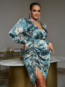 Glamaker Plus Floral Print Plunge Neck Drawstring Front Lantern Sleeve Satin Bodycon Dress - Teal Blue - View 1