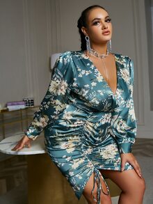 Glamaker Plus Floral Print Plunge Neck Drawstring Front Lantern Sleeve Satin Bodycon Dress - Teal Blue - View 4