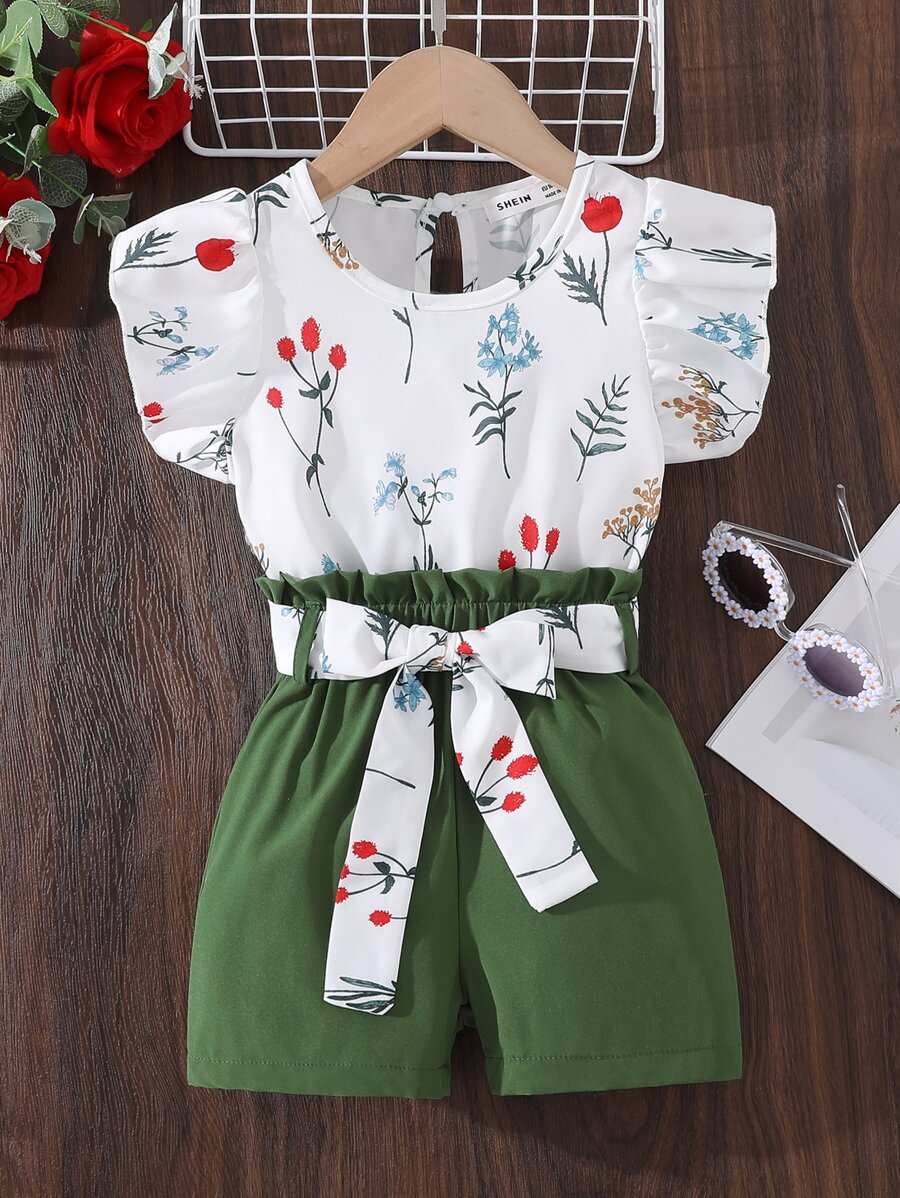 SHEIN 小女童印花蝴蝶袖上衣和紙袋腰附腰帶短褲