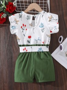 SHEIN 小女童印花蝴蝶袖上衣和紙袋腰附腰帶短褲