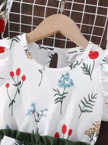 SHEIN 小女童印花蝴蝶袖上衣和紙袋腰附腰帶短褲