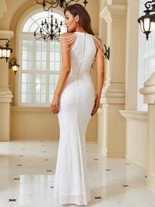 LOVE&LEMONADE 水鑽鏈條袖吊脖亮片連衣裙 - 白色 - 查看 2