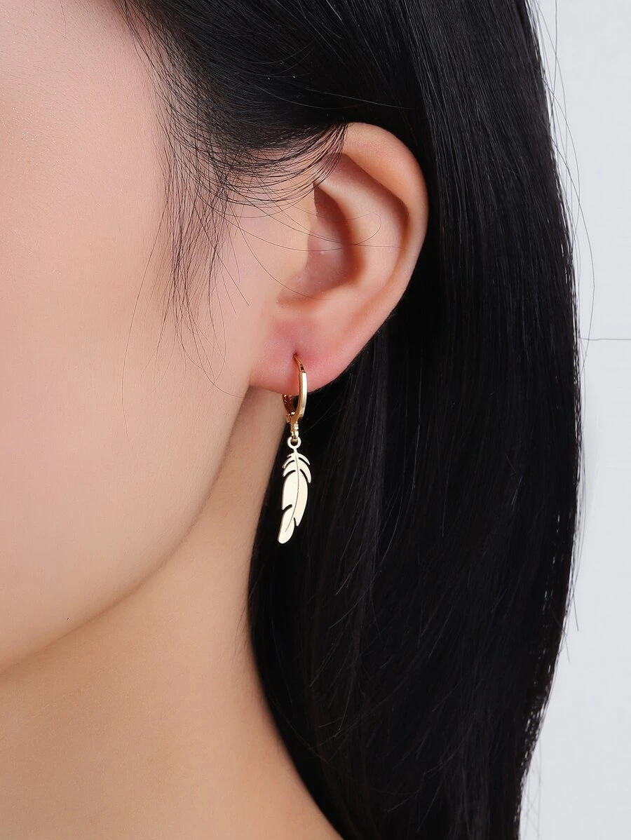 Feather Drop Earrings - Yellow Gold - View 1