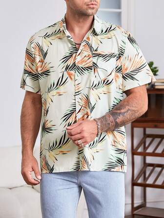 Manfinity Hombres Camisa con estampado tropical con parche de bolsillo