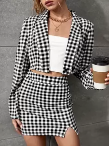 SHEIN Privé Gingham Lapel Neck Blouse & Slit Skirt - Black and White - View 1