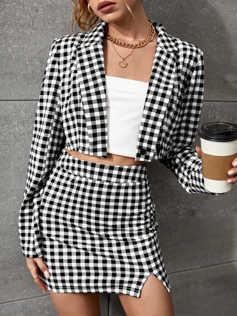 SHEIN Privé Gingham Lapel Neck Blouse & Slit Skirt - Black and White - View 1