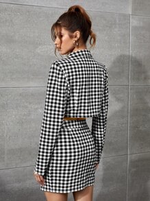 SHEIN Privé Gingham Lapel Neck Blouse & Slit Skirt - Black and White - View 2