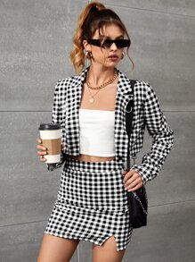 SHEIN Privé Gingham Lapel Neck Blouse & Slit Skirt - Black and White - View 3