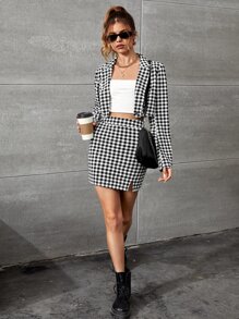 SHEIN Privé Gingham Lapel Neck Blouse & Slit Skirt - Black and White - View 4
