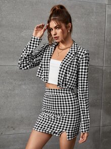 SHEIN Privé Gingham Lapel Neck Blouse & Slit Skirt - Black and White - View 6