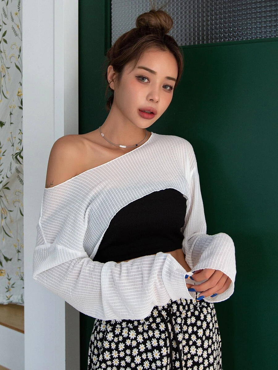 DAZY Boat Neck Drop Shoulder Crop Top Without Tube Top Sheer Fall Tops - White - View 1
