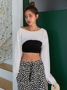 DAZY Boat Neck Drop Shoulder Crop Top Without Tube Top Sheer Fall Tops - White - View 4