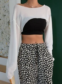 DAZY Boat Neck Drop Shoulder Crop Top Without Tube Top Sheer Fall Tops - White - View 5