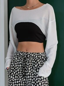 DAZY Boat Neck Drop Shoulder Crop Top Without Tube Top Sheer Fall Tops - White - View 8