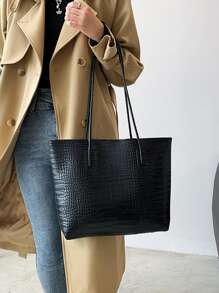 Set de 2 bolsos de mano de estilo cocodrilo, bolso de hombro de gran capacidad de piel sintética de moda para mujer con monedero pequeño. Bolso de hombro estampado de cocodrilo con bolsa interior, regalo del Día de la Madre para mamá - Negro - Ver 6