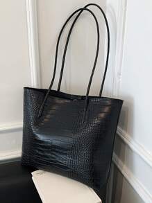 Set de 2 bolsos de mano de estilo cocodrilo, bolso de hombro de gran capacidad de piel sintética de moda para mujer con monedero pequeño. Bolso de hombro estampado de cocodrilo con bolsa interior, regalo del Día de la Madre para mamá - Negro - Ver 5