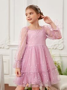 SHEIN Tween Girl Sequin Square Neck Flounce Sleeve Ruffle Hem Mesh Overlay Dress - Pink - View 3