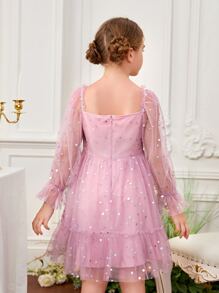 SHEIN Tween Girl Sequin Square Neck Flounce Sleeve Ruffle Hem Mesh Overlay Dress - Pink - View 2