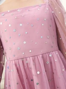 SHEIN Tween Girl Sequin Square Neck Flounce Sleeve Ruffle Hem Mesh Overlay Dress - Pink - View 4