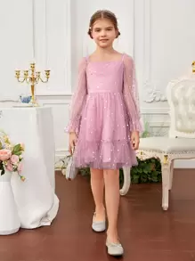 SHEIN Tween Girl Sequin Square Neck Flounce Sleeve Ruffle Hem Mesh Overlay Dress - Pink - View 6