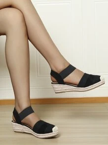 Minimalist Suedette Court Wedges, Black Vacation Style Solid Color Wedge Heeled Sandals - Black - View 2