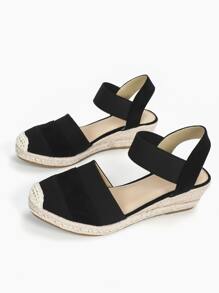 Minimalist Suedette Court Wedges, Black Vacation Style Solid Color Wedge Heeled Sandals - Black - View 3