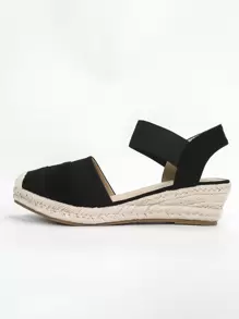 Minimalist Suedette Court Wedges, Black Vacation Style Solid Color Wedge Heeled Sandals - Black - View 5