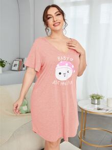 SHEIN Đầm mặc nhà Kích Thước Lớn Hoạt hình Slogan Giải trí - Màu Hồng baby - Xem 3