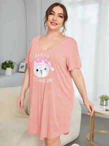 SHEIN Đầm mặc nhà Kích Thước Lớn Hoạt hình Slogan Giải trí - Màu Hồng baby - Xem 4