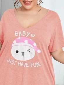 SHEIN Đầm mặc nhà Kích Thước Lớn Hoạt hình Slogan Giải trí - Màu Hồng baby - Xem 5