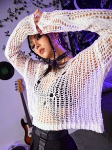 ROMWE Grunge Punk Hollow Out Drop Shoulder Sweater - White - View 1