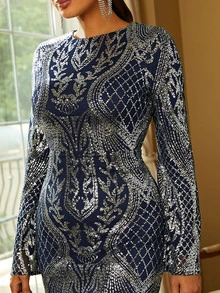 Missord 喇叭袖亮片拼接魚尾裙下擺正式連衣裙 - 銀色 - 查看 7