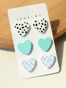 3pairs Heart Decor Stud Earrings - Multicolor - View 1