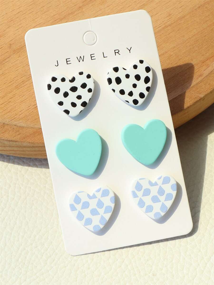 3pairs Heart Decor Stud Earrings - Multicolor - View 1