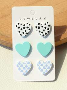3pairs Heart Decor Stud Earrings - Multicolor - View 6