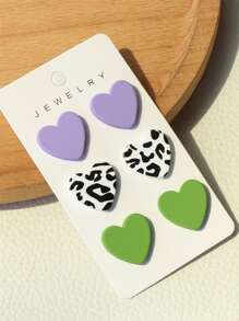 3pairs Heart Design Stud Earrings - Multicolor - View 1