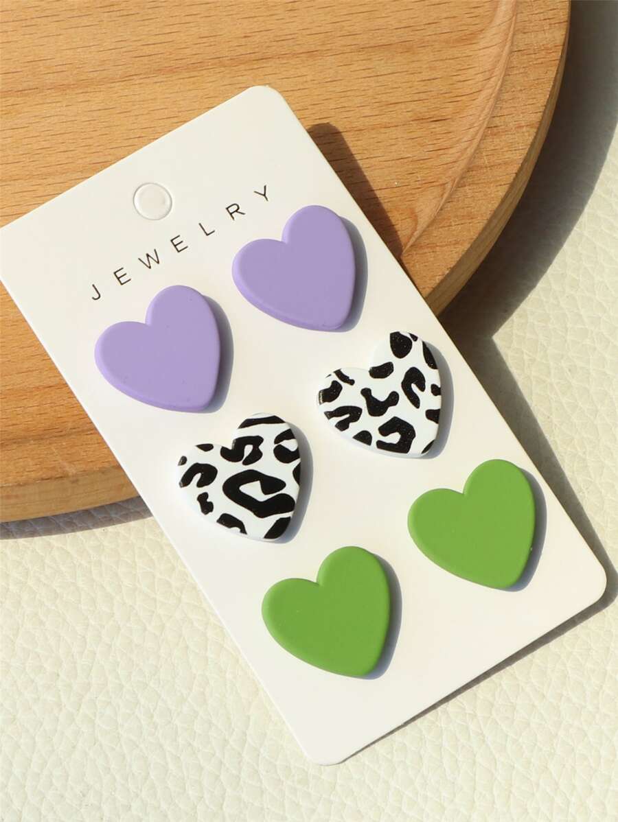 3pairs Heart Design Stud Earrings - Multicolor - View 1