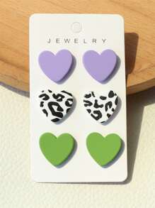 3pairs Heart Design Stud Earrings - Multicolor - View 6