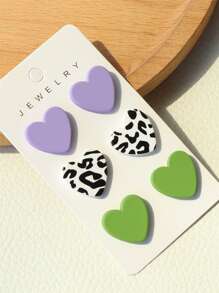 3pairs Heart Design Stud Earrings - Multicolor - View 7