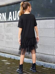 SHEIN Girls Slogan & Cartoon Graphic Contrast Mesh Drop Shoulder Tee Dress - Black - View 4