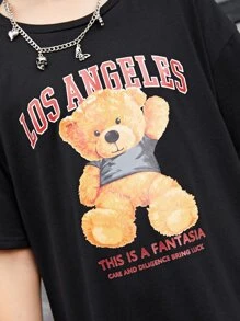 SHEIN Girls Slogan & Cartoon Graphic Contrast Mesh Drop Shoulder Tee Dress - Black - View 5