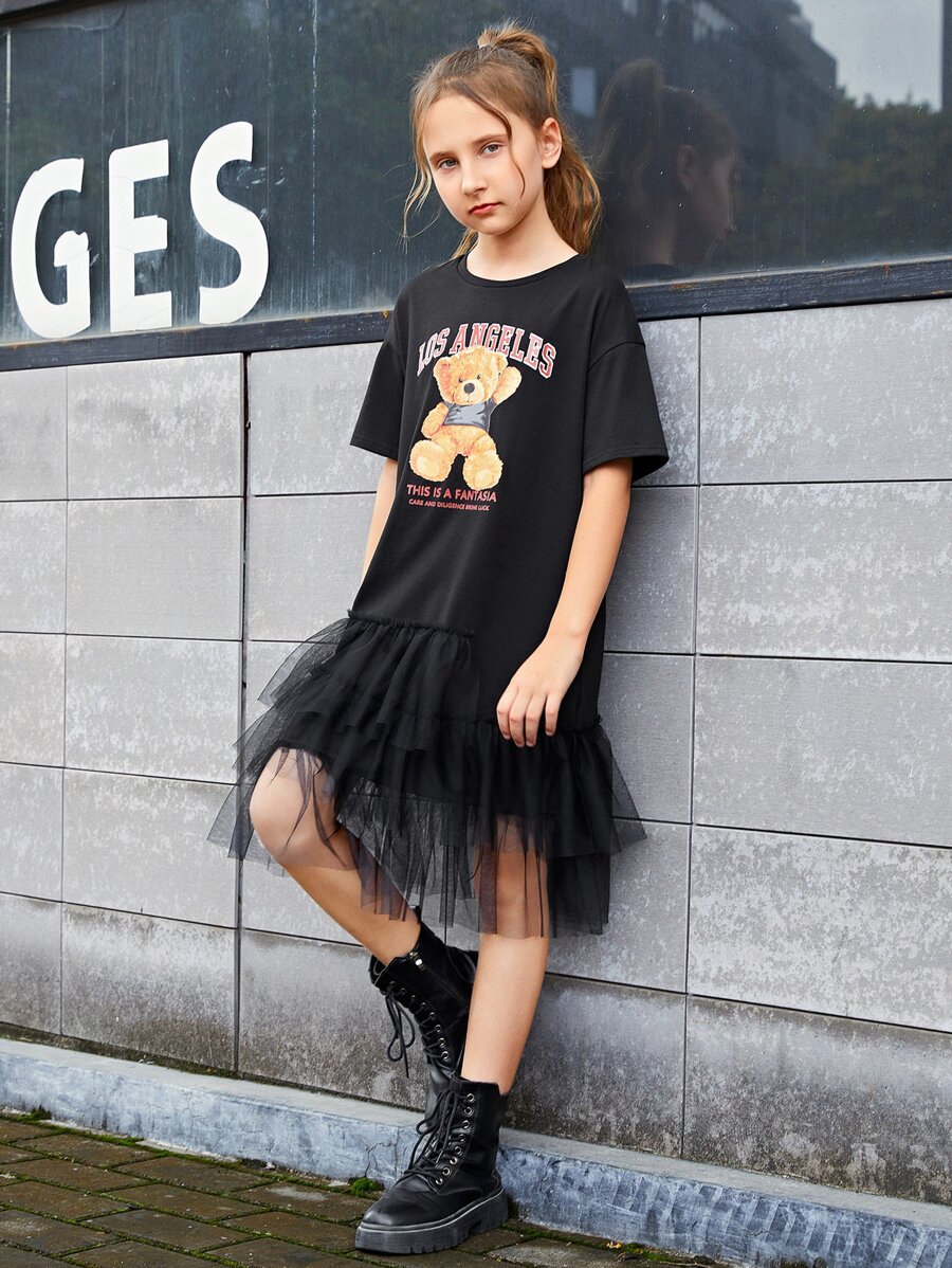 SHEIN Girls Slogan & Cartoon Graphic Contrast Mesh Drop Shoulder Tee Dress - Black - View 1