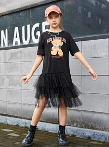 SHEIN Girls Slogan & Cartoon Graphic Contrast Mesh Drop Shoulder Tee Dress - Black - View 2