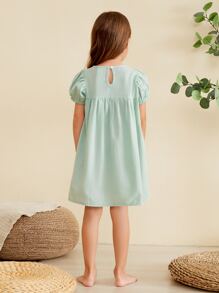 女孩拼接幾何織帶泡泡袖睡裙