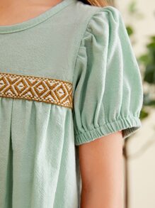 女孩拼接幾何織帶泡泡袖睡裙