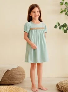 女孩拼接幾何織帶泡泡袖睡裙