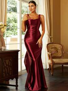 Missord Exaggerated Ruffle Trim Tie Backless Mermaid Hem Satin Formal Dress - Burgundy - View 2