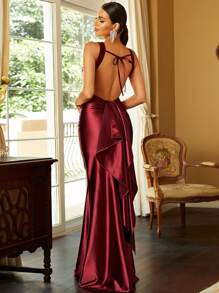 Missord Exaggerated Ruffle Trim Tie Backless Mermaid Hem Satin Formal Dress - Burgundy - View 1
